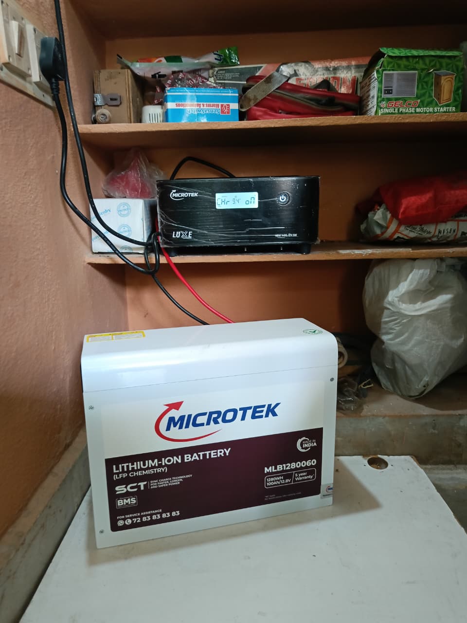 Microtek LUXE inverter with Microtek Lithium-Ion LFP battery (MLB1280060) installed in a Hyderabad home by Satyajan Energy Solutions.