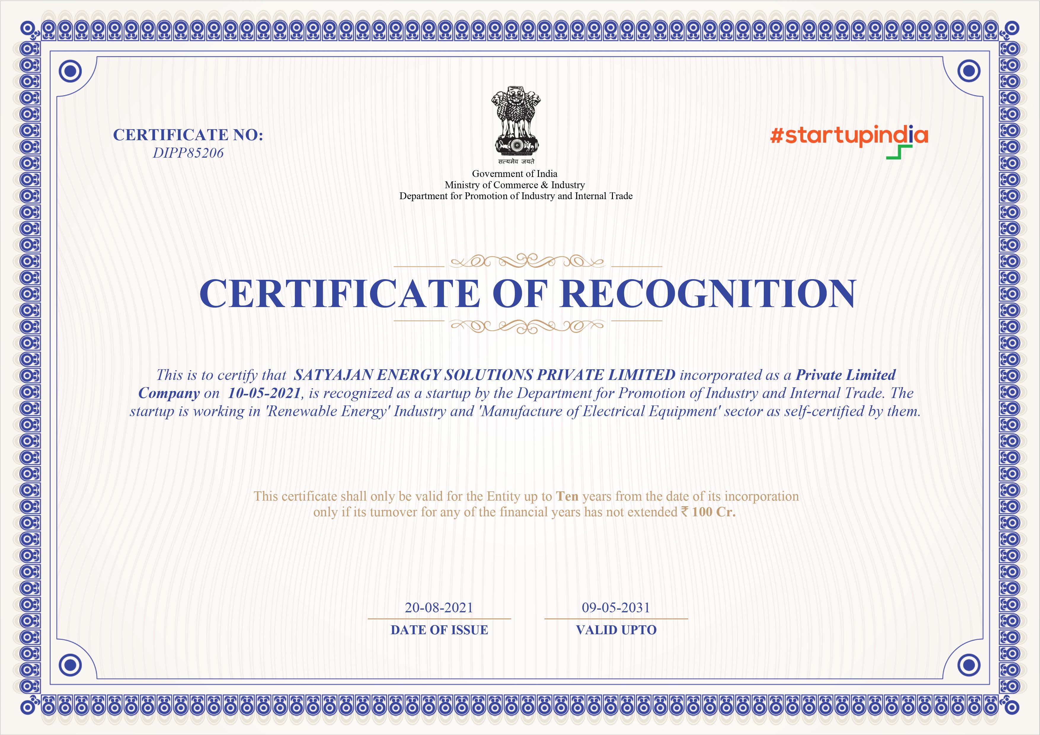 Satyajan Startup India Certificate